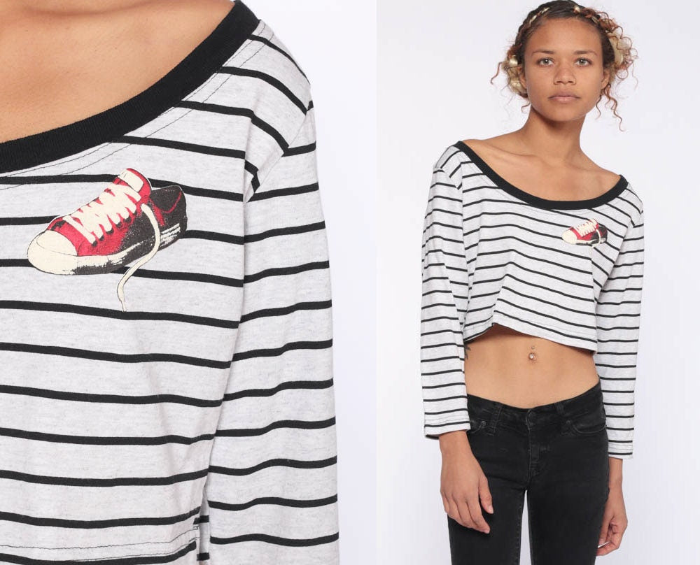 90s Striped Crop Top Long Sleeve Ringer Tee Grey Red Sneaker Print Large