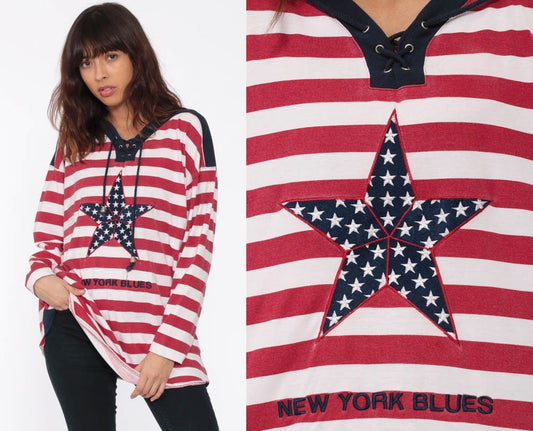 80s Striped Star Long Sleeve Shirt Red White Blue Nautical Medium Large