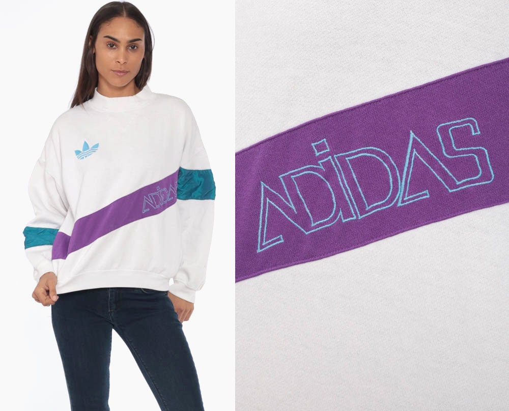 90s Adidas Trefoil Crewneck Sweatshirt Purple White Colour Block Large
