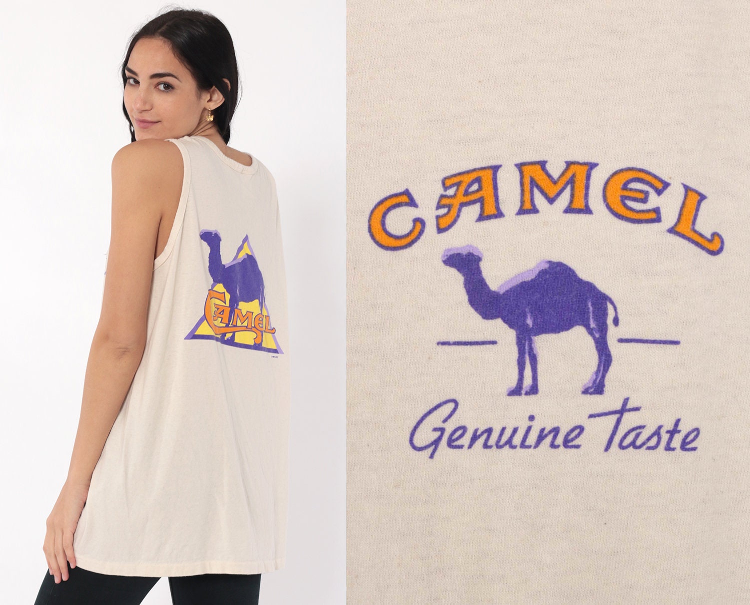 90s Camel Joe Cigarettes Graphic Tank Top Beige Cotton Unisex Extra Large