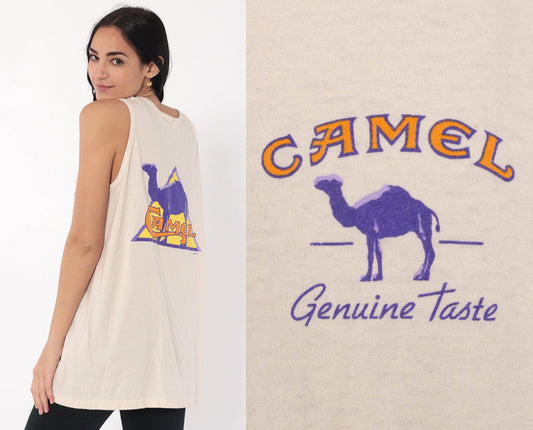 90s Camel Joe Cigarettes Graphic Tank Top Beige Cotton Unisex Extra Large