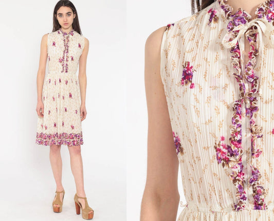 70s Floral Midi Dress Knife Pleat High Waist Keyhole Bow Necktie Sleeveless Small