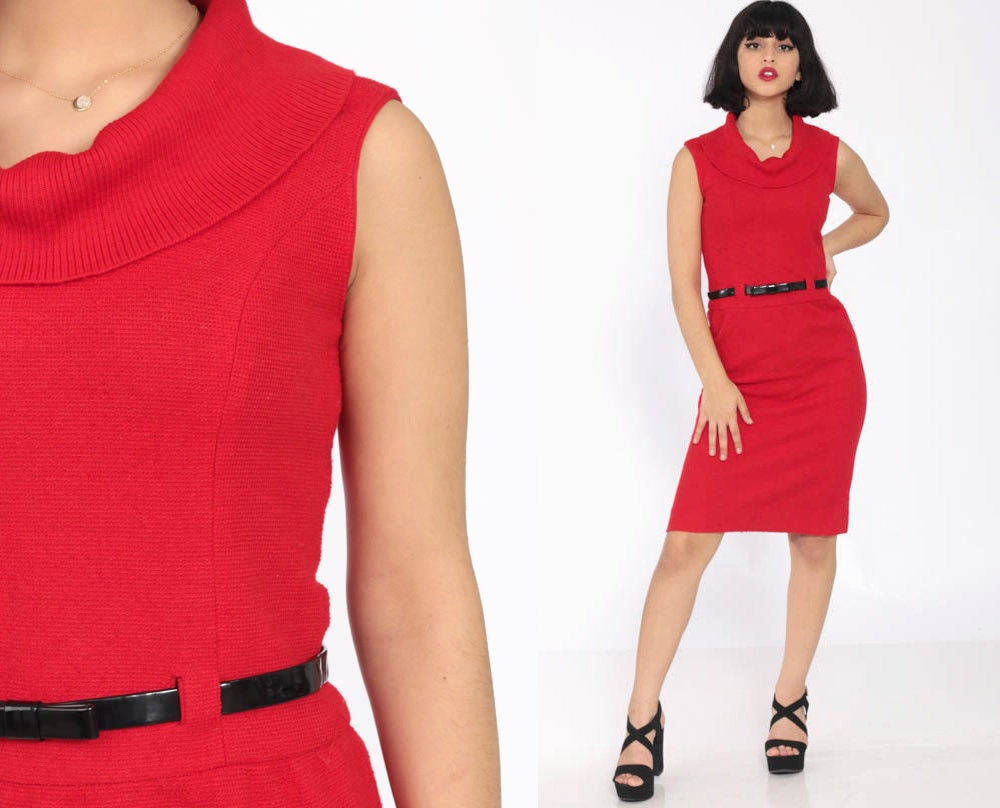60s Red Wool Pencil Dress High Waist Belted Knee Length Extra Small