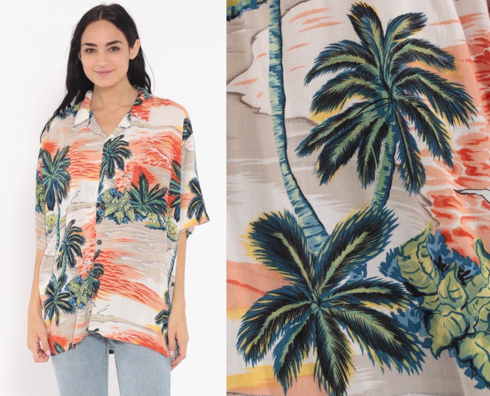 90s Hawaiian Shirt Tropical Palm Tree Print Button Up Orange Extra Large