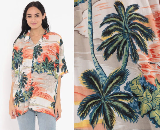 90s Hawaiian Shirt Tropical Palm Tree Print Button Up Orange Extra Large