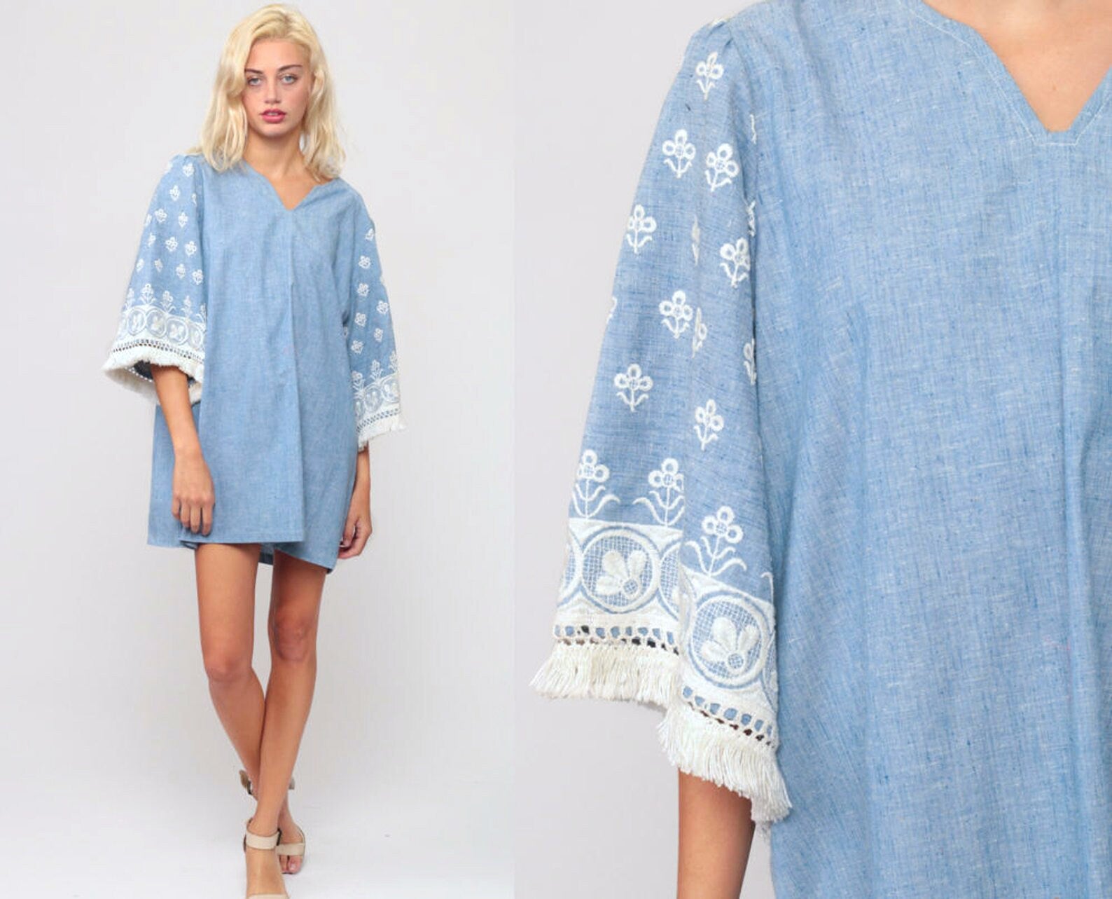 70s Blue Embroidered Mini Dress Bell Sleeve Fringe Caftan Extra Large XXL
