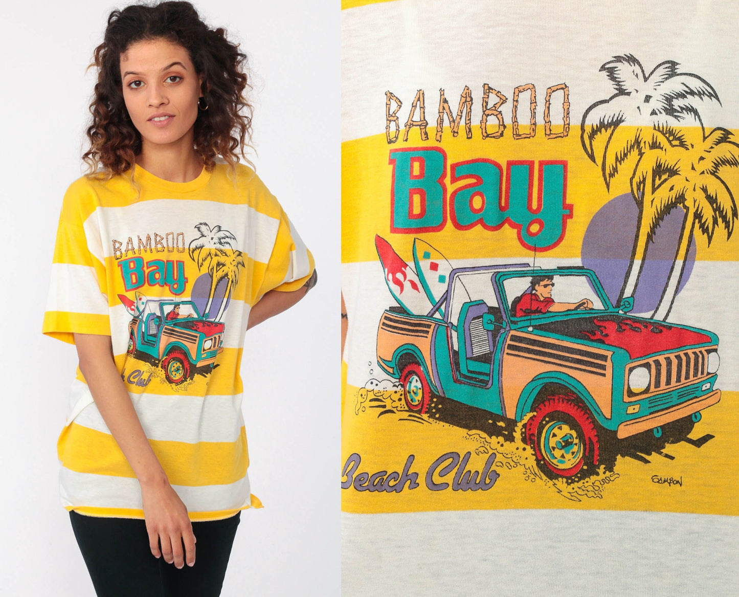 90s Bamboo Bay Surfer Graphic T-Shirt Yellow Striped Small