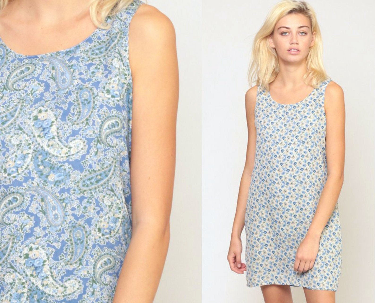 90s Reversible Floral Paisley Mini Dress Sleeveless Sheath Blue Small Medium