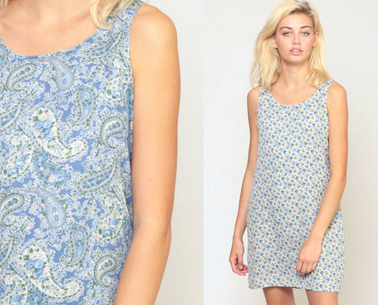 90s Reversible Floral Paisley Mini Dress Sleeveless Sheath Blue Small Medium