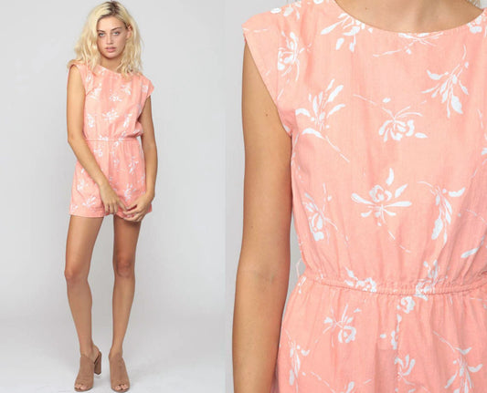 80s Floral Playsuit Peachy Pink Cap Sleeve Romper Shorts Small