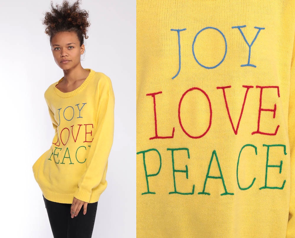1970s Yellow Joy Love Peace Knit Sweater Pullover Small Medium