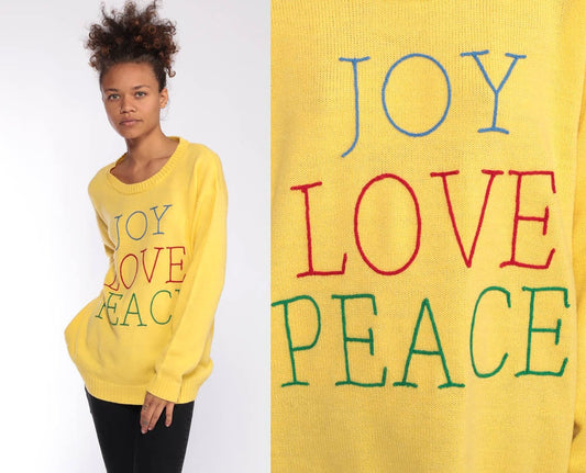 1970s Yellow Joy Love Peace Knit Sweater Pullover Small Medium