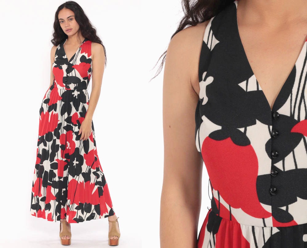 70s Michelle by Almalfi Floral Maxi Dress High Waist Pleated Red Black White Extra Small