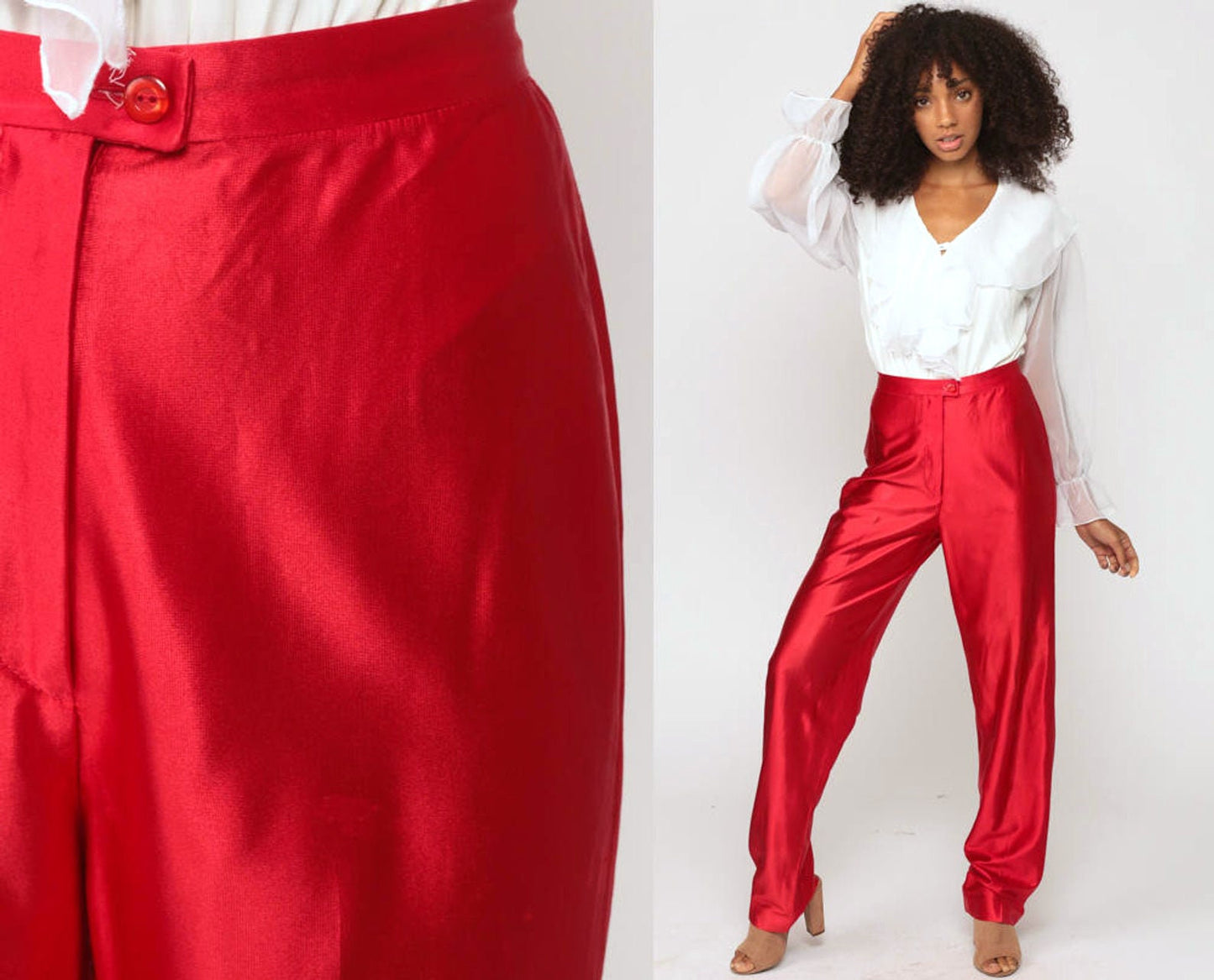 70s Red Disco Pants High Waisted Straight Leg Shiny Trousers Small