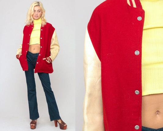 80s Wool Varsity Jacket Red Leather Sleeves Unisex Large