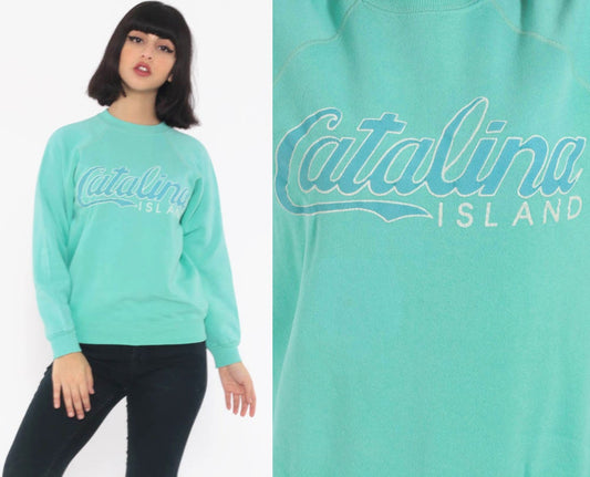 80s Catalina Island California Raglan Sweatshirt Turquoise Graphic Crewneck Extra Small
