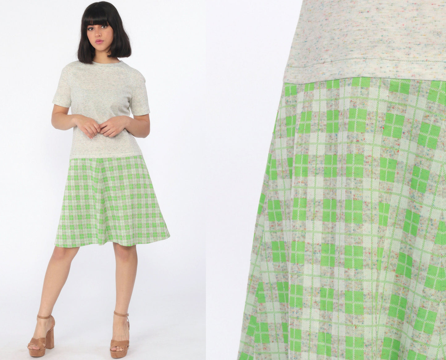 60s Mod Plaid Drop Waist Shift Dress Short Sleeve Knee-Length Medium