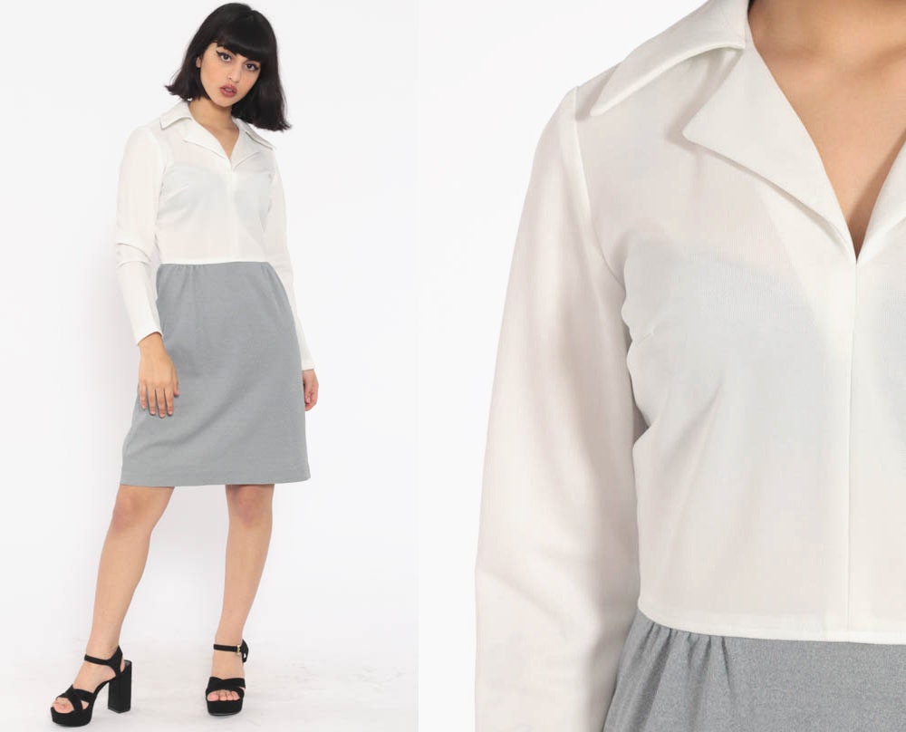 60s Mod Mini Dress High Waist Grey White Colour Block Polyester Small