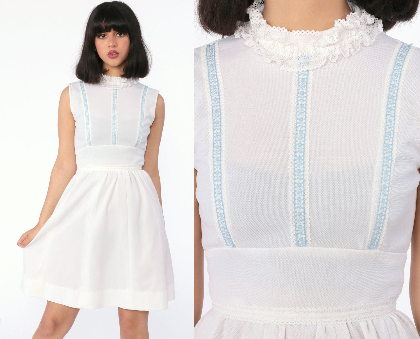 70s White Babydoll Mini Dress Empire Waist Lace Collar Sleeveless Extra Small