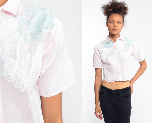 80s Heart Floral Button Up Blouse Baby Pink Glitter Print Extra Small XXS