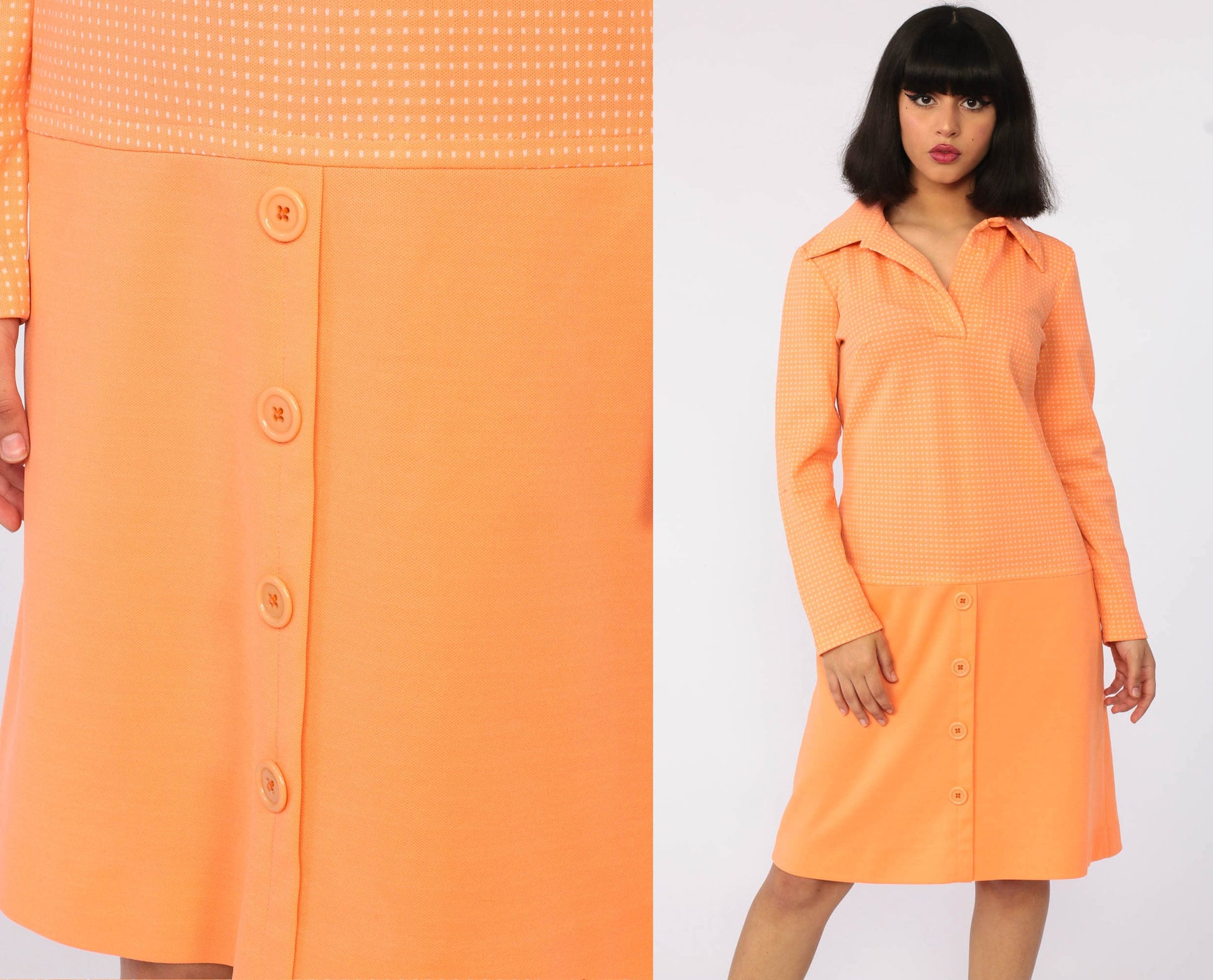 60s Mod Mini Dress Orange Polka Dot Drop Waist Shift Medium