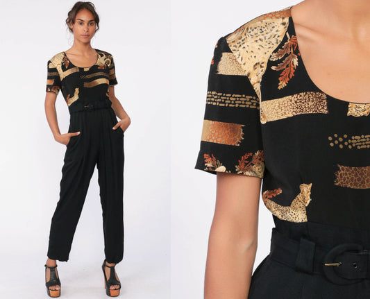 80s Animal Print Jumpsuit Black Belted High Waisted Tapered Medium 8