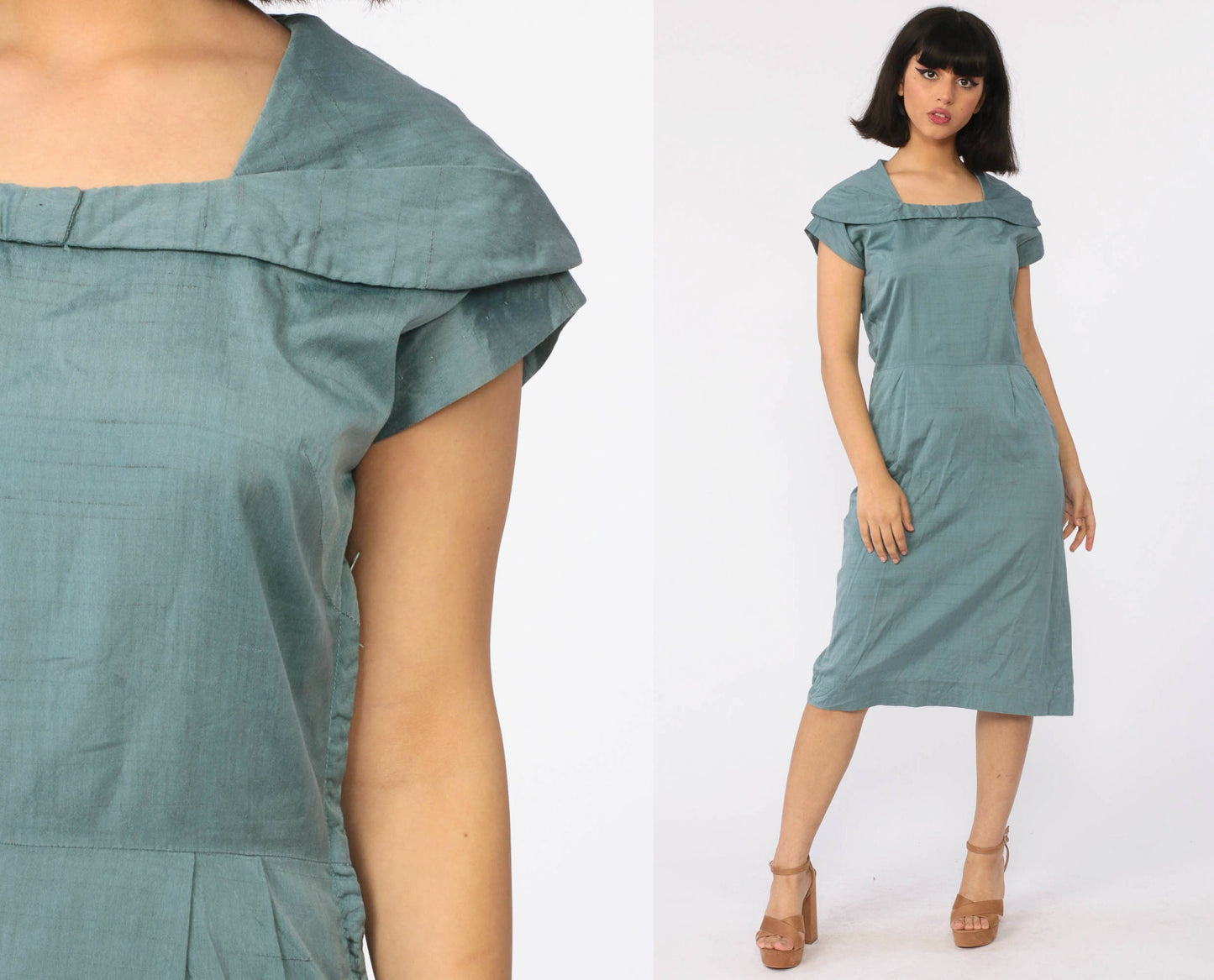 1950s Blue Sailor Collar Sheath Dress Wiggle Skirt Cap Sleeve Small