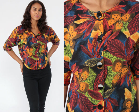 80s Tropical Floral Button-Up Blouse 3/4 Sleeve Crop Top Small Medium
