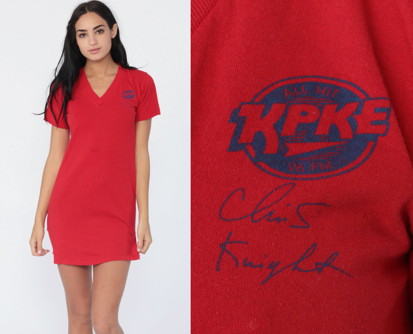 80s KPKE Denver Radio Pajama Dress Mini Nightgown Red Cotton Extra Small