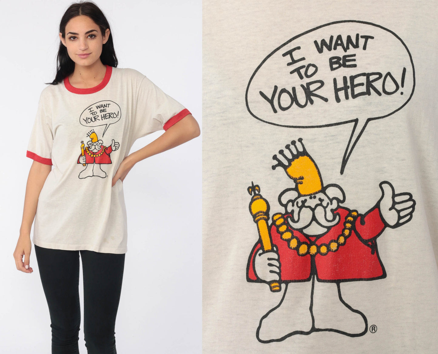 80s Hero King Ringer T-Shirt Graphic Tee I Want To Be Your Hero Medium