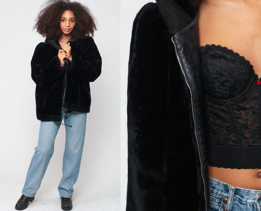 80s Black Faux Fur Hooded Jacket Zip Front Leather Trim Extra Large XXL