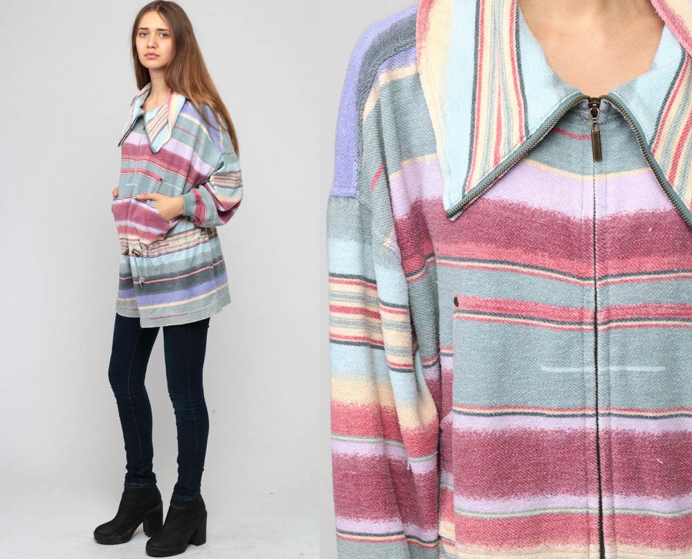 90s Striped Anorak Jacket Drawstring Waist Pink Green Cotton Extra Large XXL
