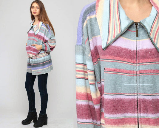 90s Striped Anorak Jacket Drawstring Waist Pink Green Cotton Extra Large XXL
