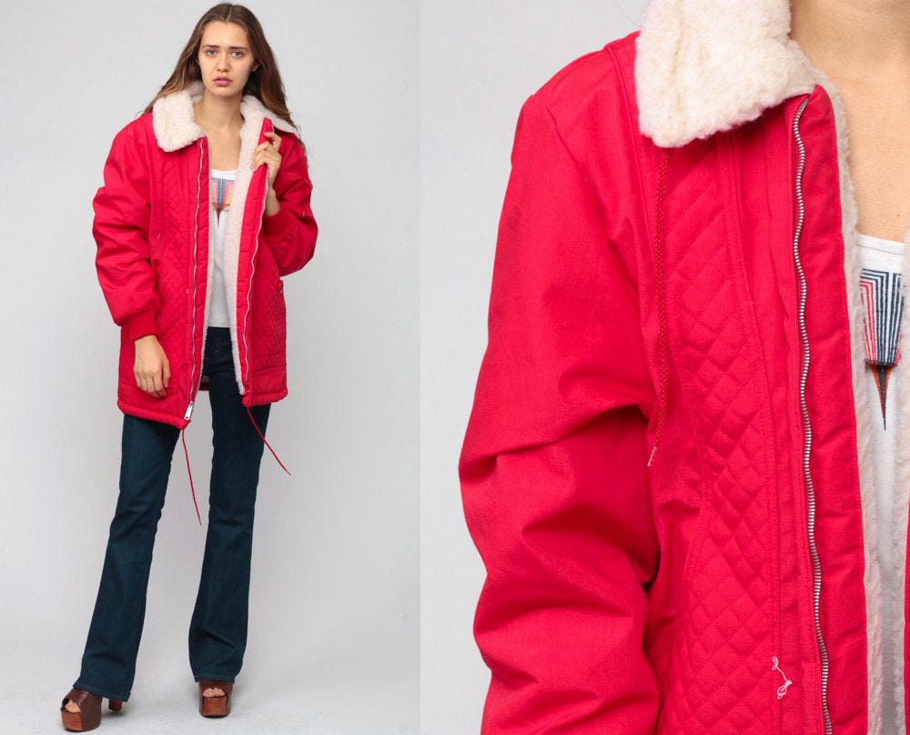 70s Red Puffer Ski Jacket Sherpa Lining Zip Front Large
