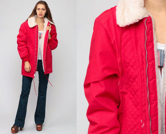 70s Red Puffer Ski Jacket Sherpa Lining Zip Front Large