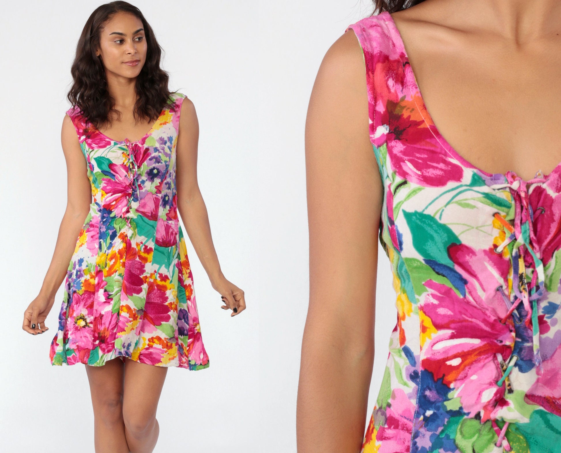 80s Tropical Floral Romper Playsuit Low Back Lace Up Sleeveless Small Medium