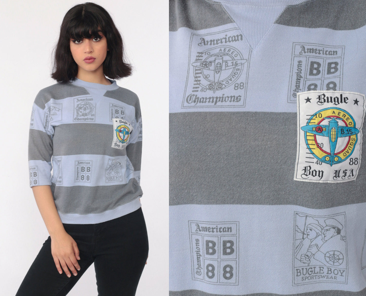 80s Bugle Boy Sweatshirt Purple Airplane Striped Crewneck Small