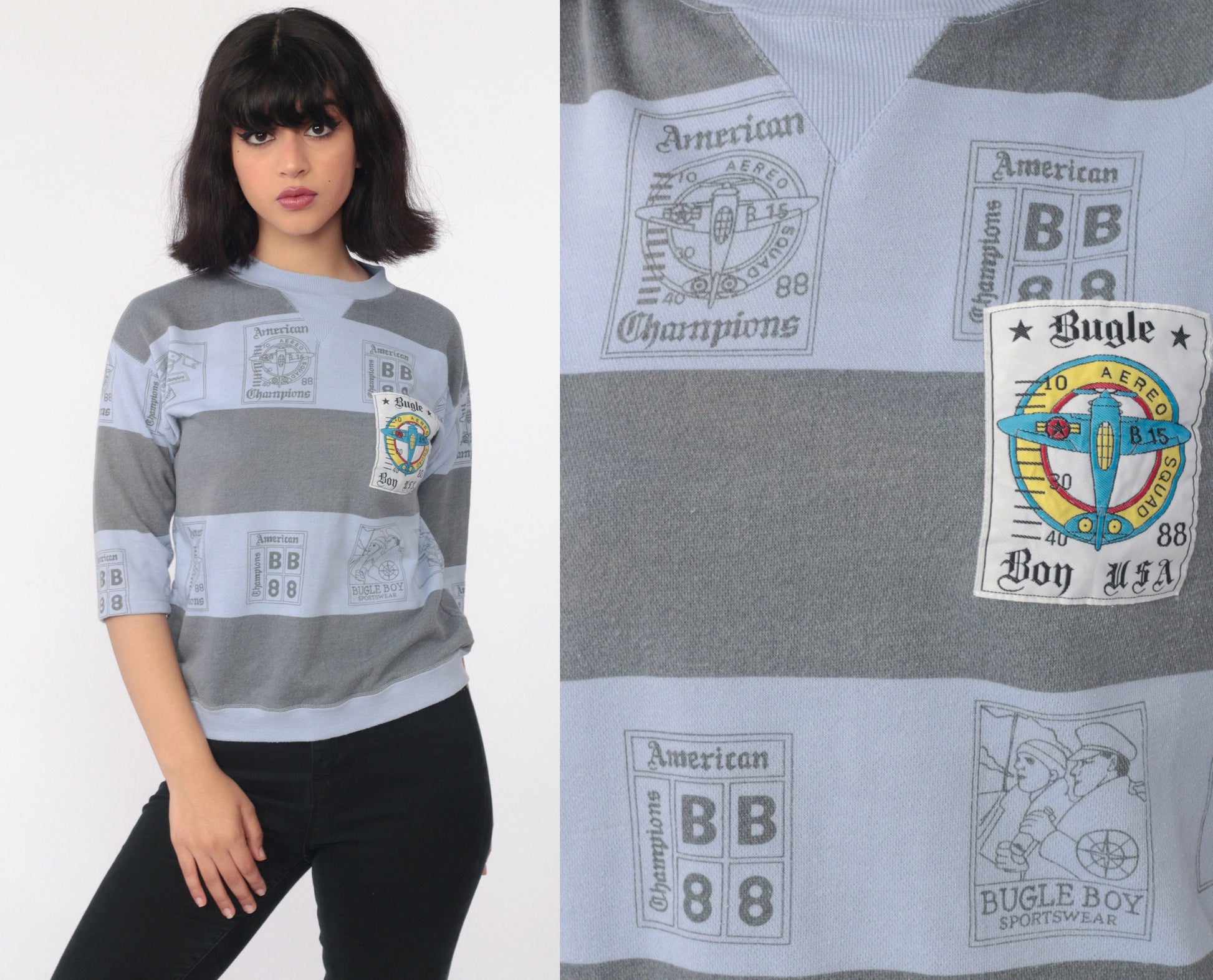 80s Bugle Boy Sweatshirt Purple Airplane Striped Crewneck Small