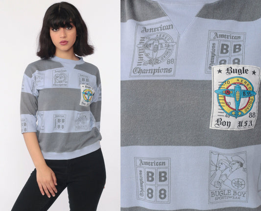 80s Bugle Boy Sweatshirt Purple Airplane Striped Crewneck Small