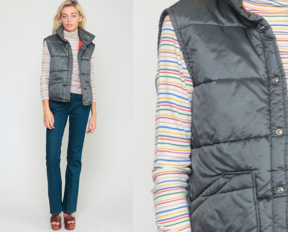 1970s Grey Puffer Vest Unisex Snap Front Sleeveless Jacket Medium