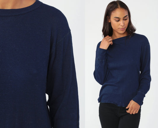 80s Navy Long Sleeve Athletic Shirt Polypropylene Stretchy Knit Extra Large XL