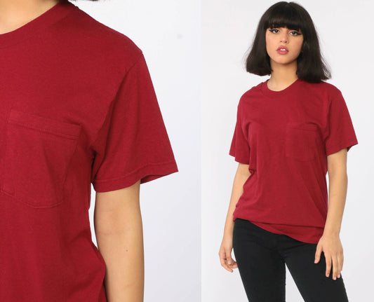 80s Burgundy Cotton Pocket T-Shirt Plain Tee Extra Small