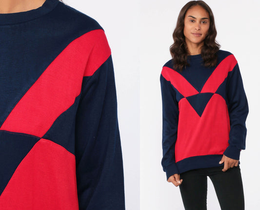 80s Color Block Sweatshirt Navy Blue Red Crewneck Pullover Small