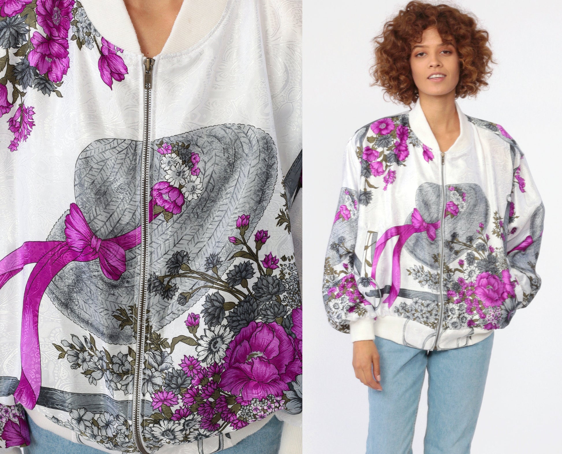 90s Floral Hat Print Windbreaker Jacket White Purple Medium