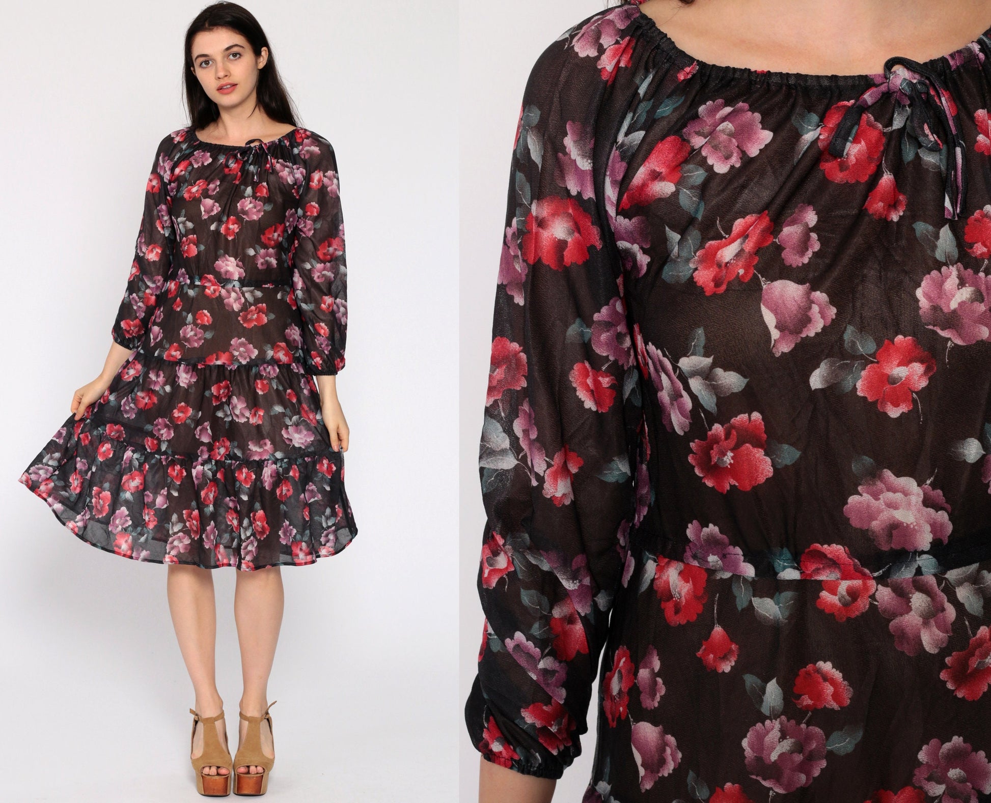 70s Floral Print Midi Dress Tiered Sheer Black High Waist Small