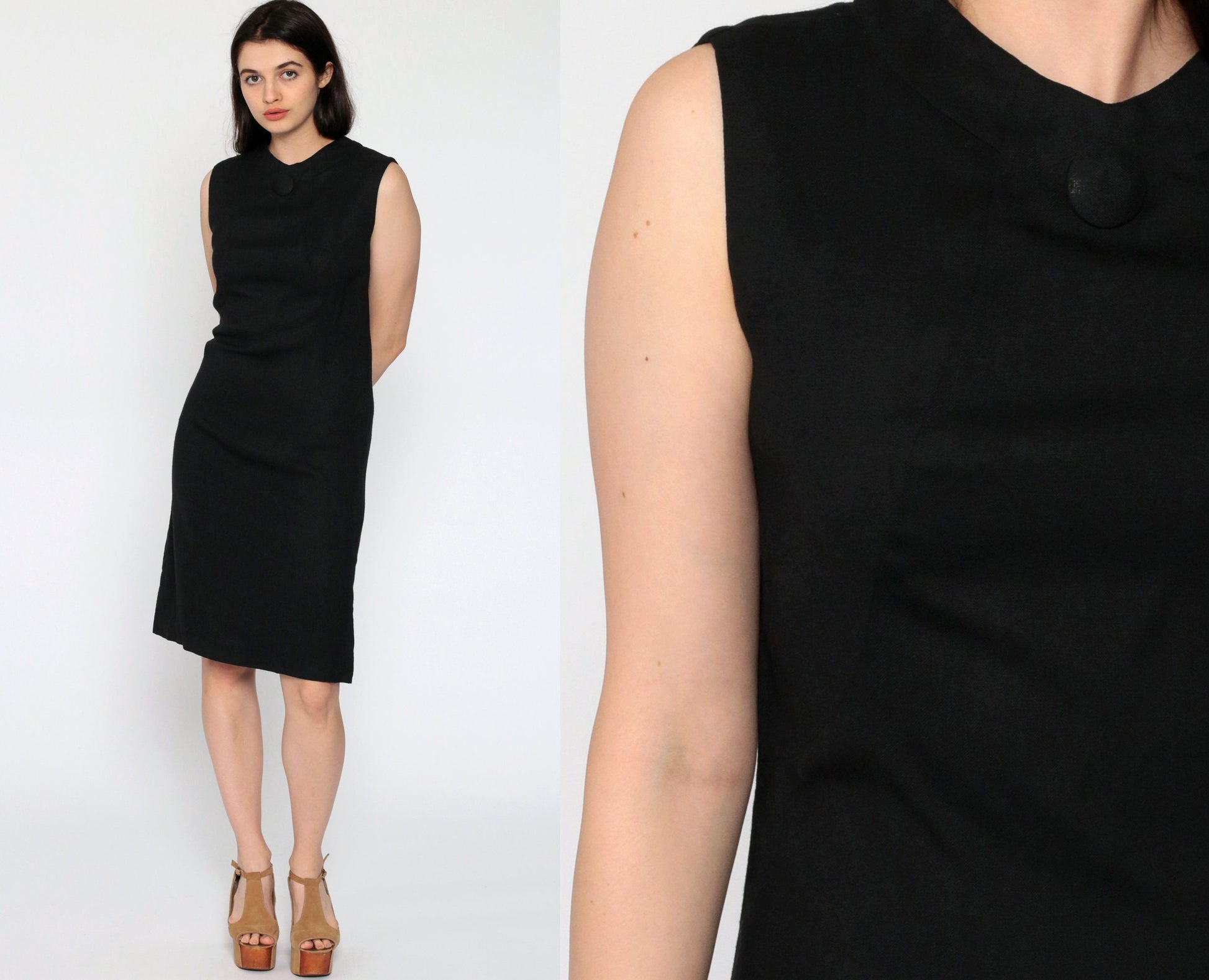 60s Black Linen Shift Dress Mini Length Sleeveless Button Neck Small