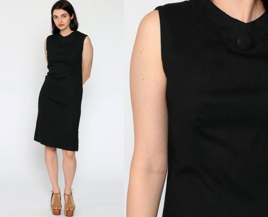 60s Black Linen Shift Dress Mini Length Sleeveless Button Neck Small