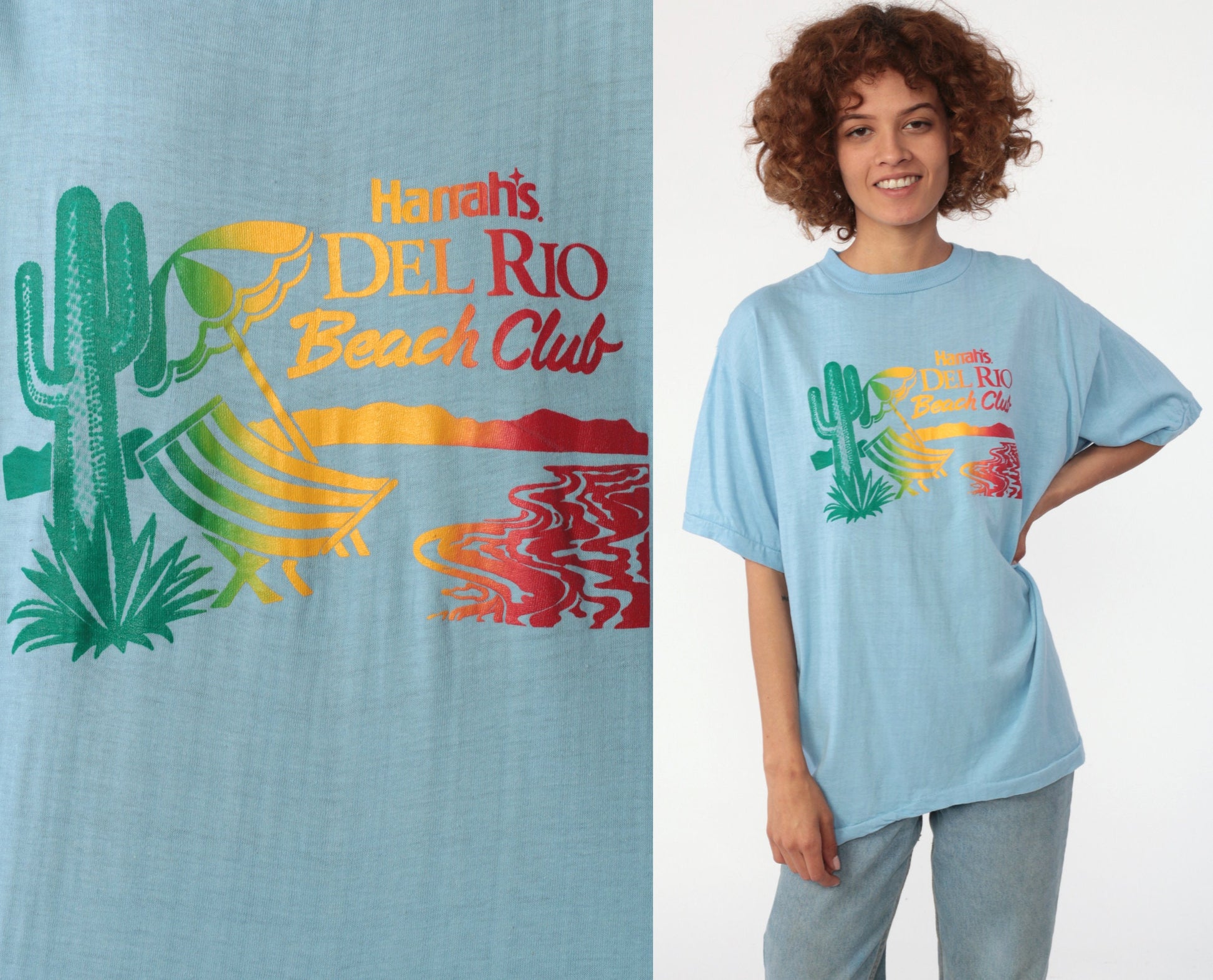 80s Harrah's Del Rio Beach Club Laughlin Nevada Saguaro Cactus Graphic T-Shirt Large