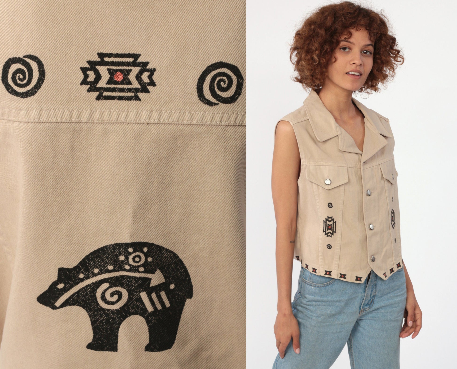 80s Watch LA Denim Vest Tan Southwestern Bear Print Medium