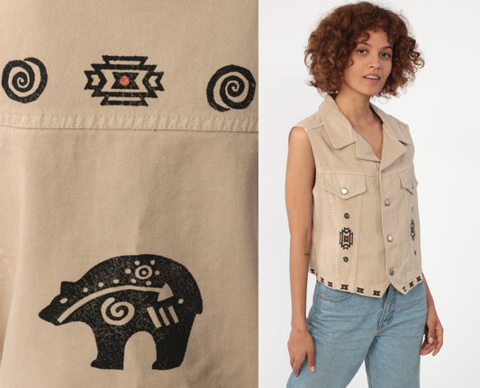 80s Watch LA Denim Vest Tan Southwestern Bear Print Medium